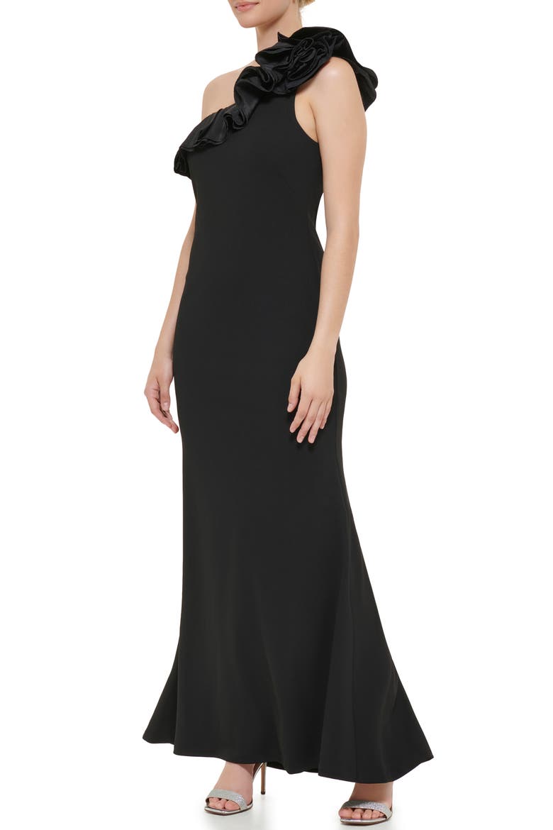 One Shoulder Ruffle Crepe Gown, Alternate, color, BLACK