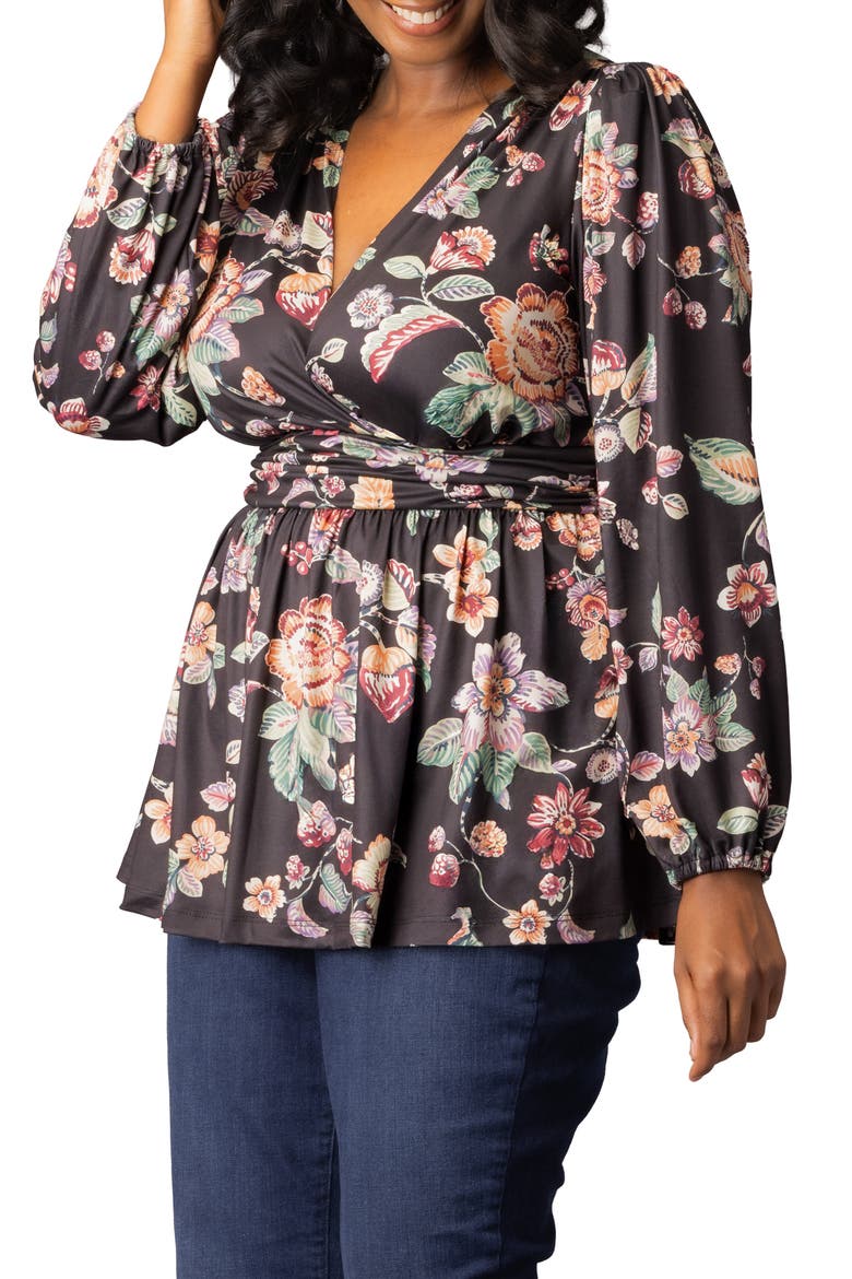 Leah Gathered Top, Alternate, color, BLACK FLORAL MOTIF
