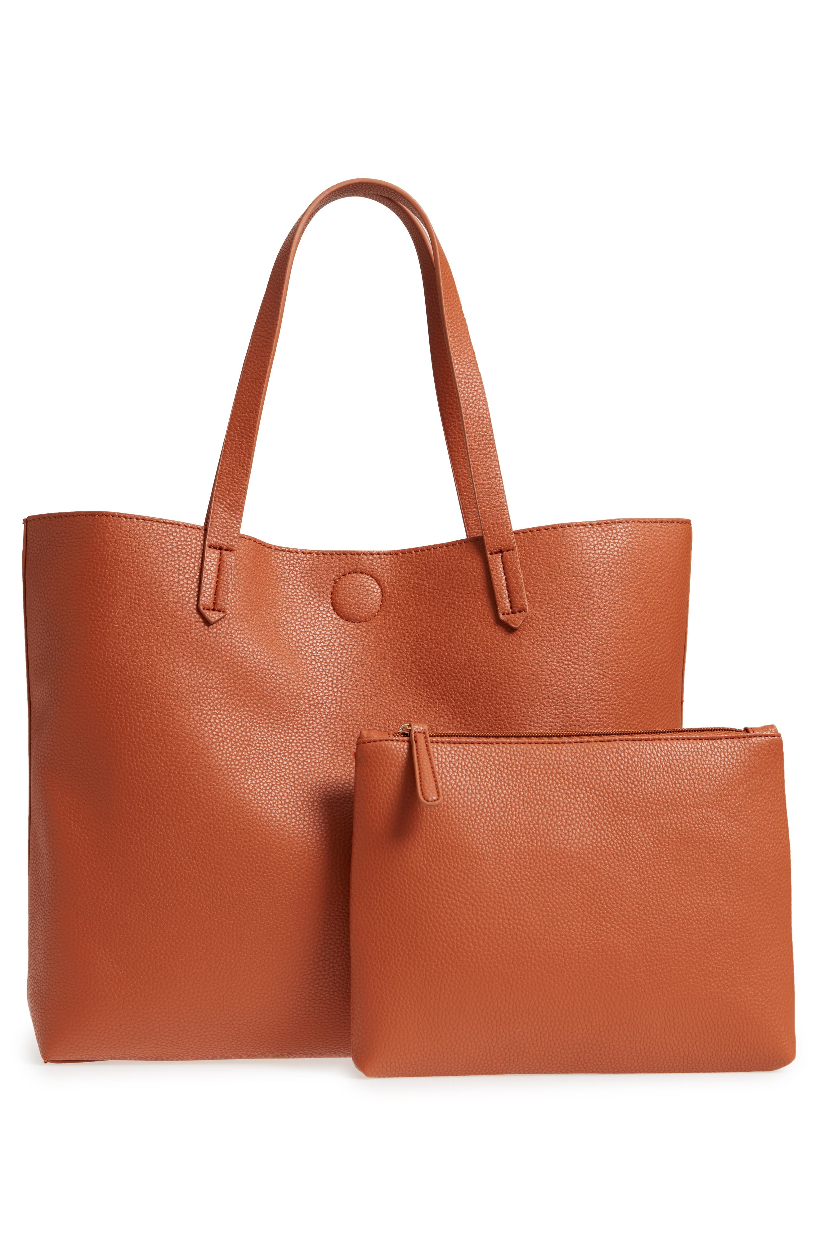 Contrast Lining Faux Leather Tote, Alternate, color, COGNAC