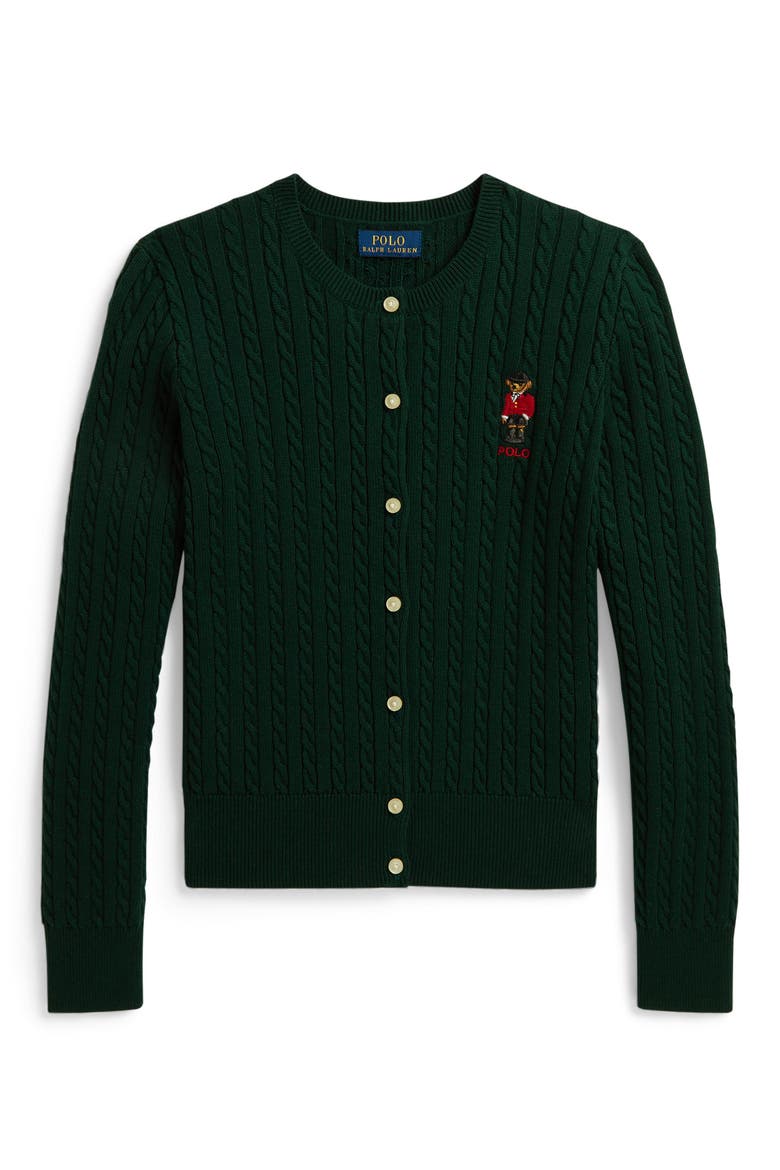 Kids' Polo Bear Mini Cable Knit Cotton Cardigan, Main, color, GREEN