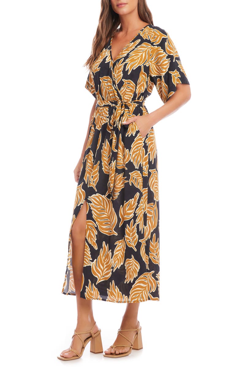 Karen Kane Leaf Print Faux Wrap Midi Dress, Alternate, color, Black Yellow Print