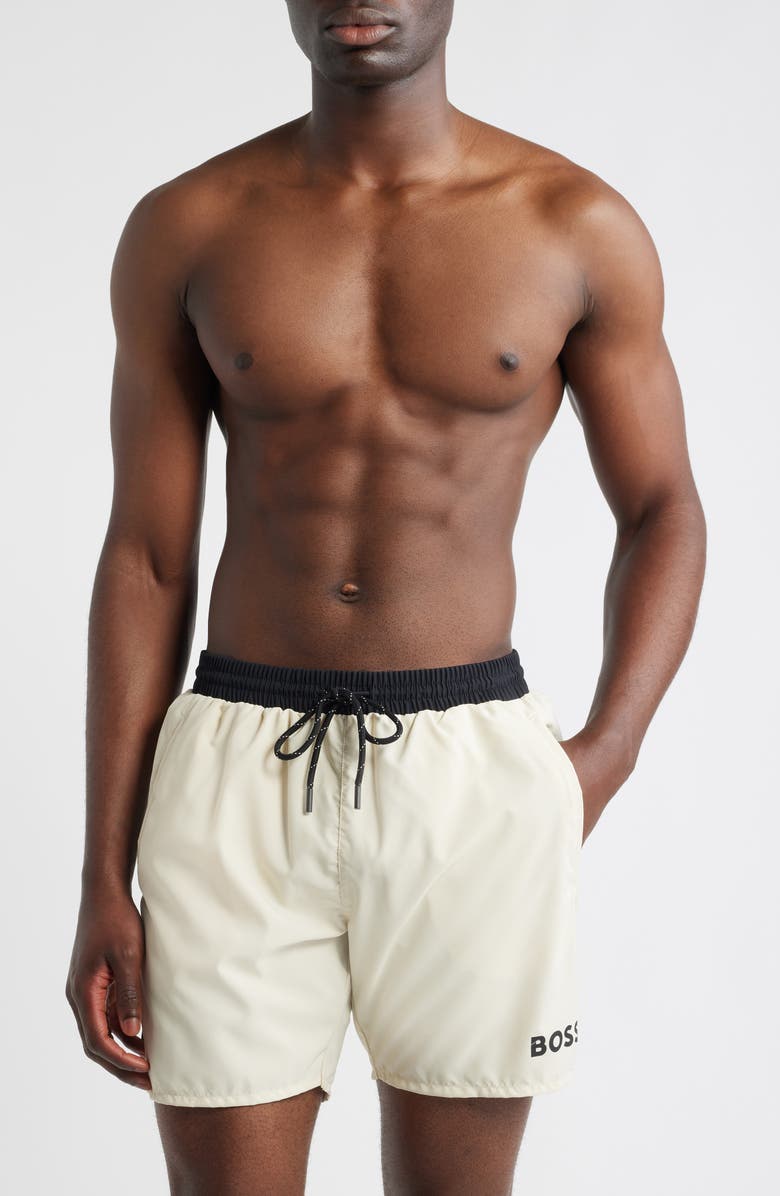 BOSS Starfish Graphic Logo Swim Trunks, Main, color, Open White