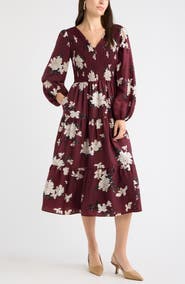 Caslon® Smocked Long Sleeve Midi Dress