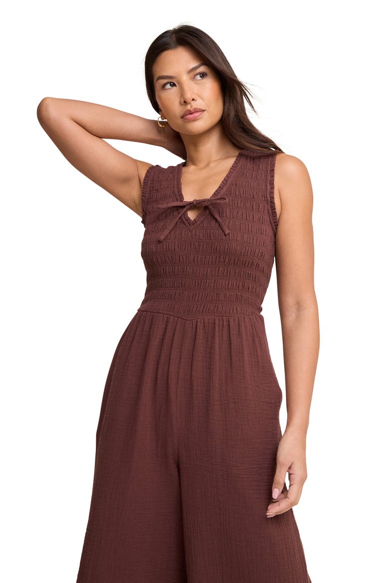 Jayda Smocked Wide Leg Jumpsuit, Alternate, color, BROWN