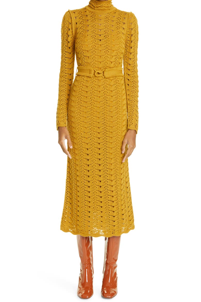 Concert Long Sleeve Crochet Merino Wool Midi Dress, Main, color, DARK MUSTARD
