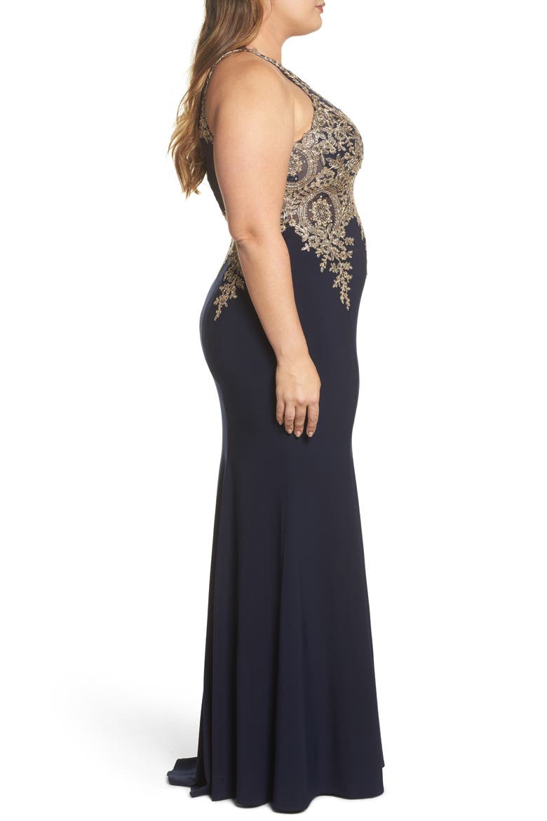 Xscape Embellished Mermaid Gown, Alternate, color, NAVY/ GOLD