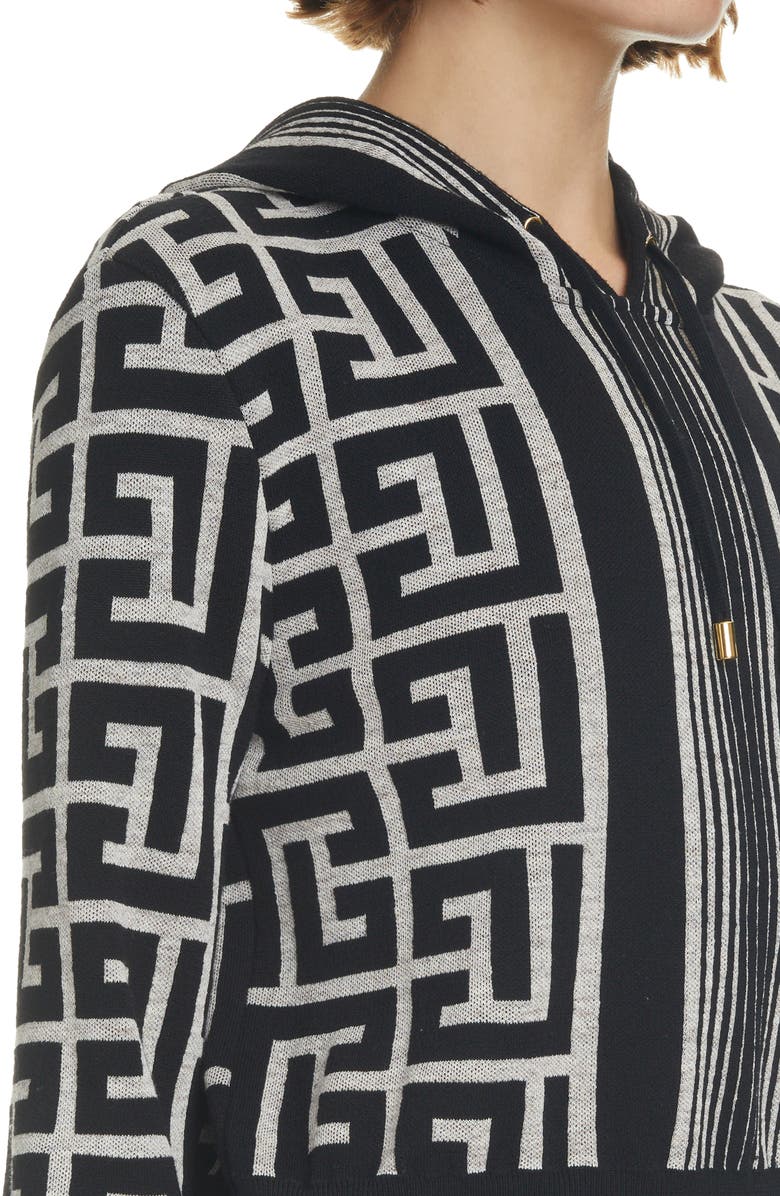 Balmain Monogram Crop Merino Wool & Linen Blend Hoodie, Alternate, color, 