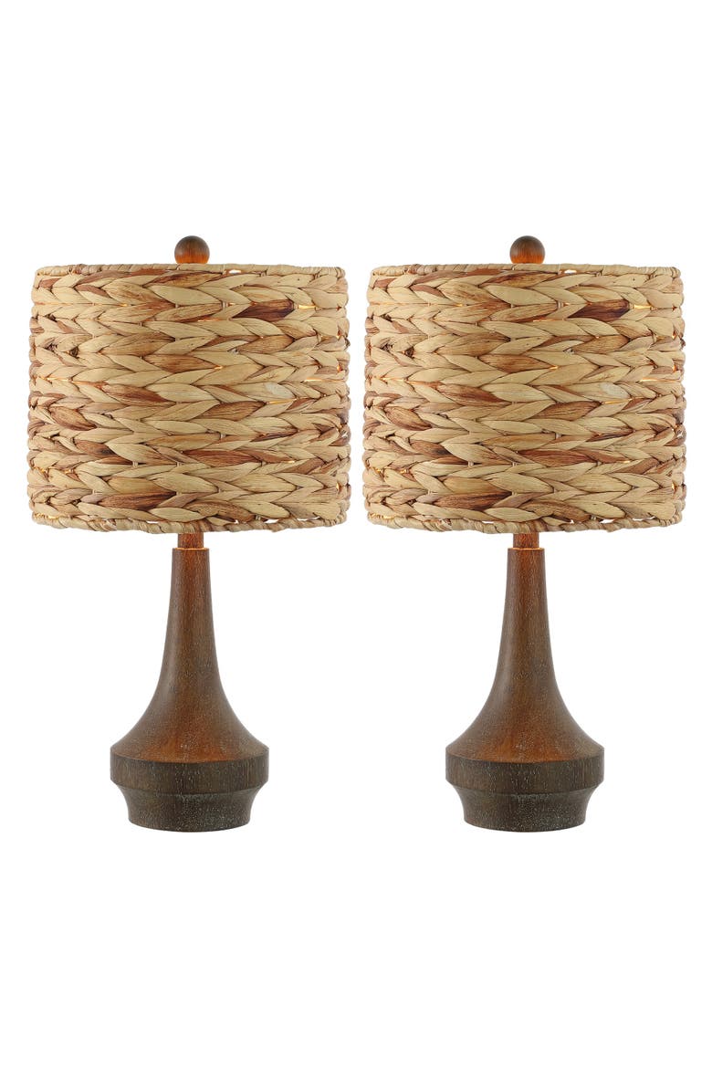 Theodore 21" Rustic Farmhouse Handwoven Water Hyacinth/Resin LED Table Lamp, Brown Wood Finish, Alternate, color, Brown Wood Finish