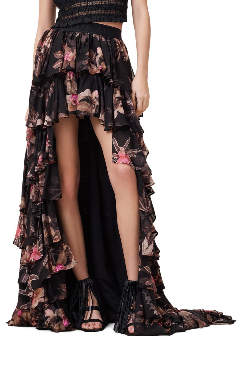 AllSaints Cavarly Layered Ruffle High-Low Maxi Skirt, Main, color, 