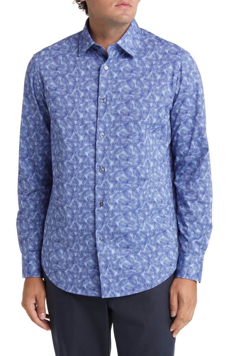 Bugatchi James OoohCotton<sup>®</sup> Leaf Print Button-Up Shirt, Main, color, 