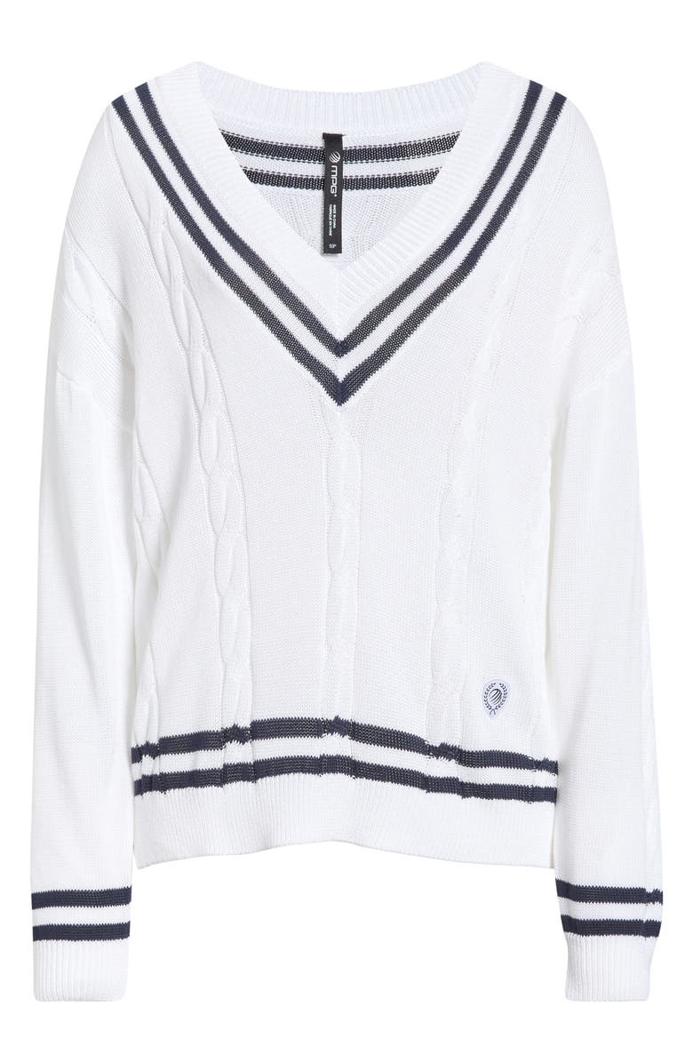 MPG Club Stripe Sweater, Main, color, Brilliant White/ Navy Blazer