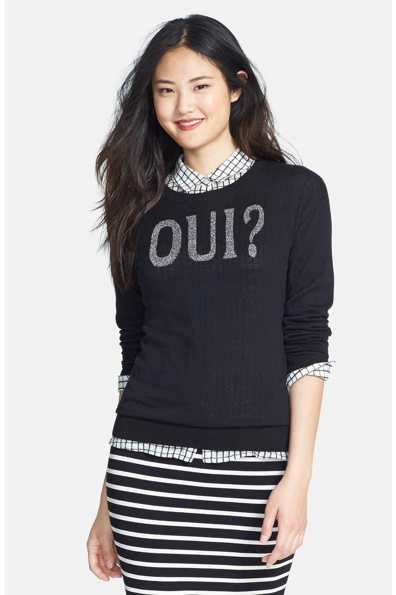 'Oui' Zip Back Crewneck Sweater, Main, color, BLACK- SILVER OUI