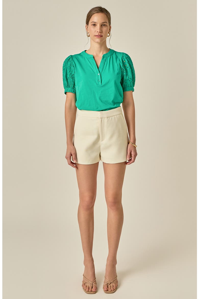 Mixed Media Eyelet Sleeve Top, Alternate, color, GREEN