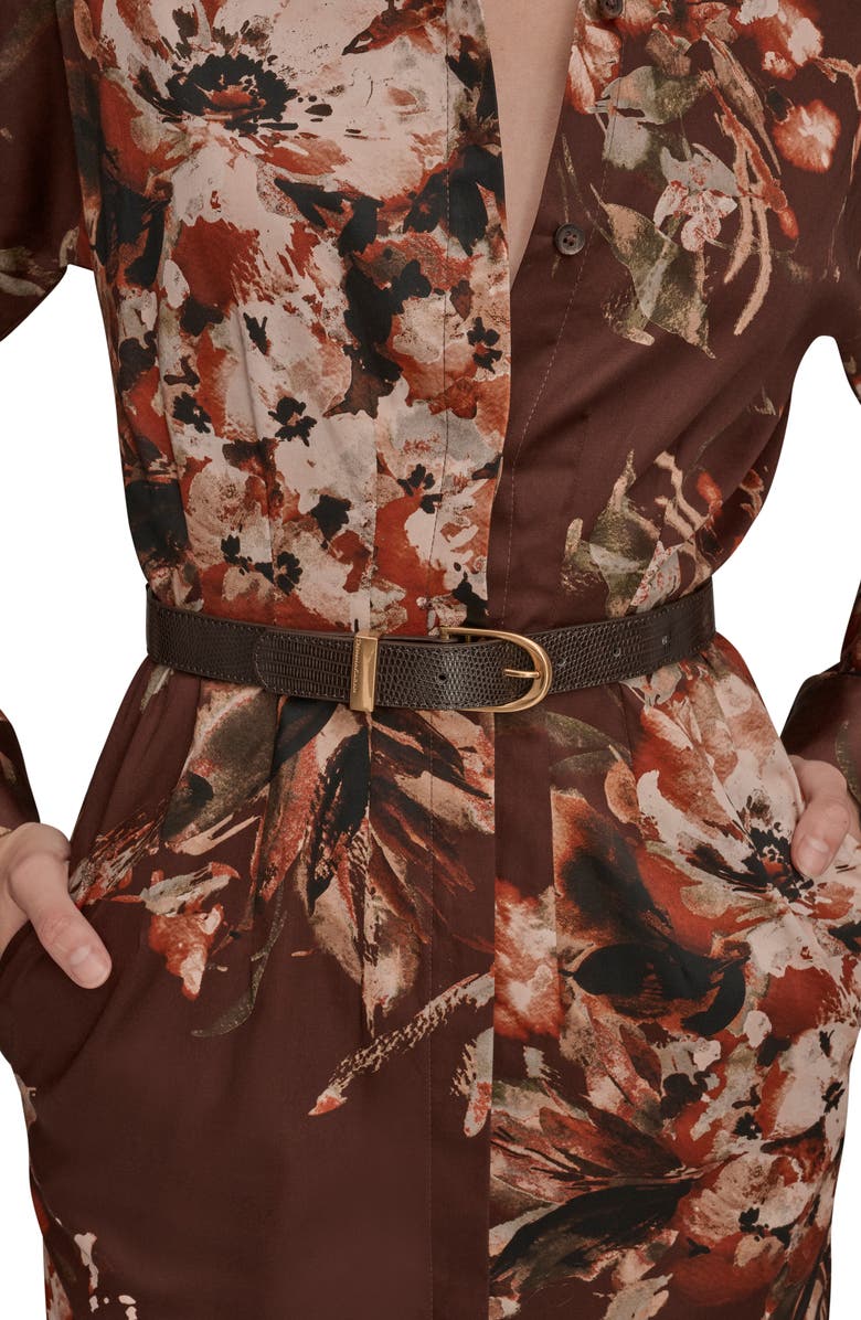 Donna Karan New York Floral Long Sleeve Belted Stretch Cotton Shirtress, Alternate, color, Oxblood Multi