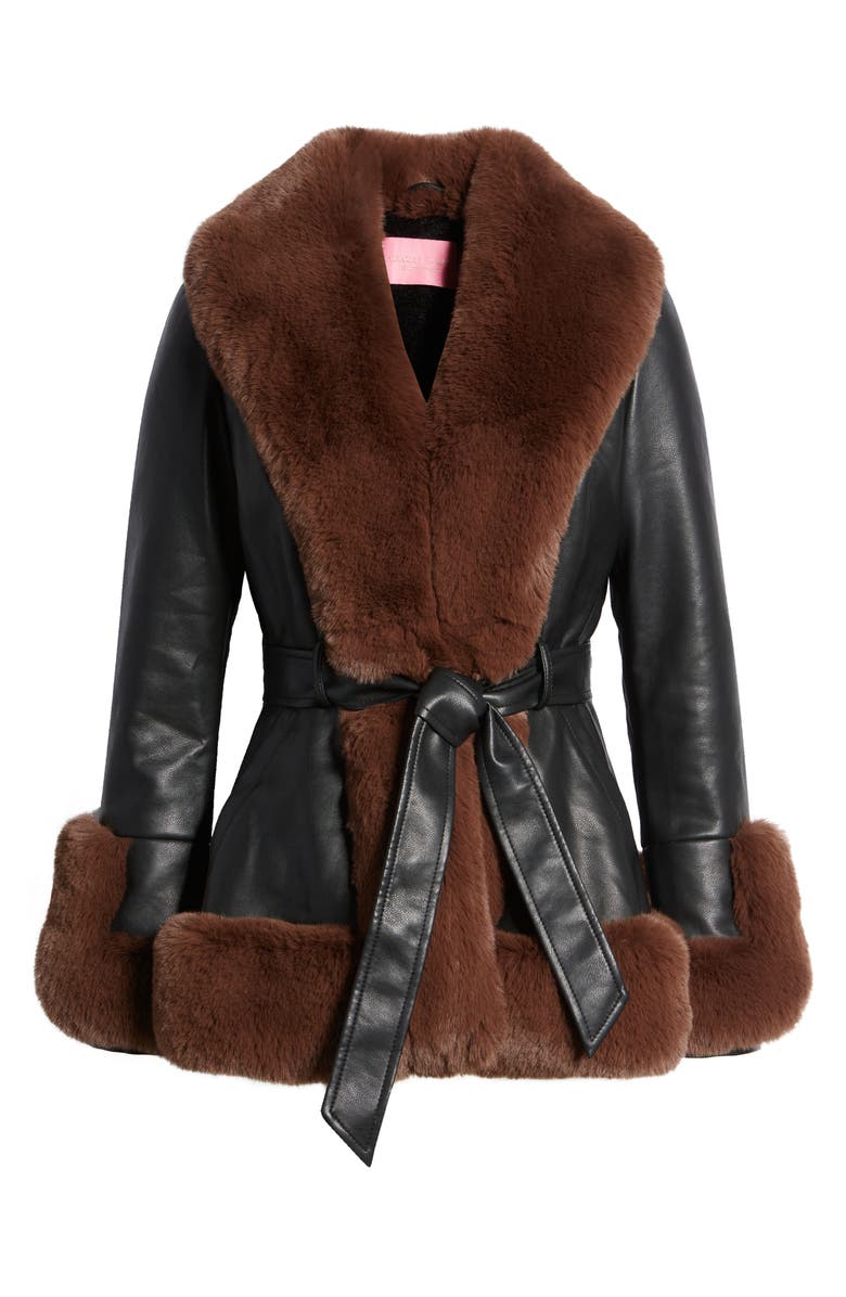AZALEA WANG Faux Leather & Faux Fur Belted Coat, Alternate, color, Black