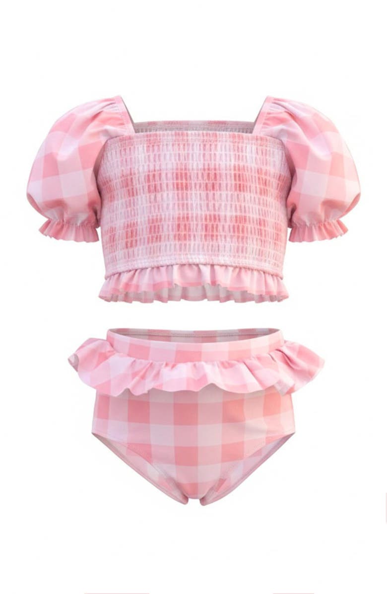 Mia Belle Girls Girls Perfect Pink Gingham Puff Sleeve Two Piece Swimsuit, Main, color, Pink