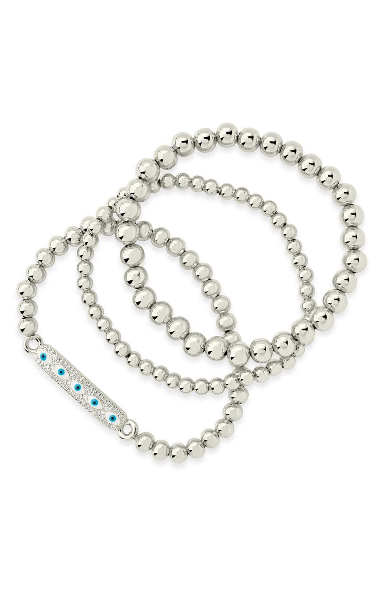 Sterling Forever Set of 3 Cubic Zirconia & Enamel Evil Eye Chain Bracelets, Main, color, Silver