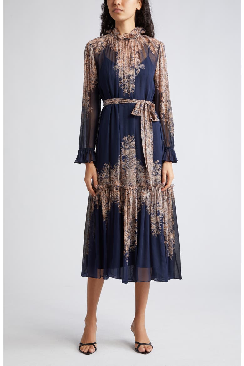 Natura Floral Paisley Belted Long Sleeve Midi Dress, Alternate, color, NAVY PAISLEY