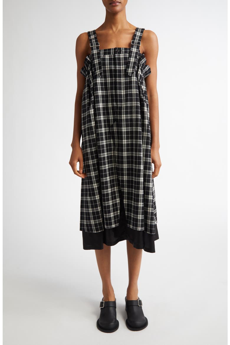 Suspender Strap Check Wool Gabardine Midi Dress, Main, color, BLACK X WHITE