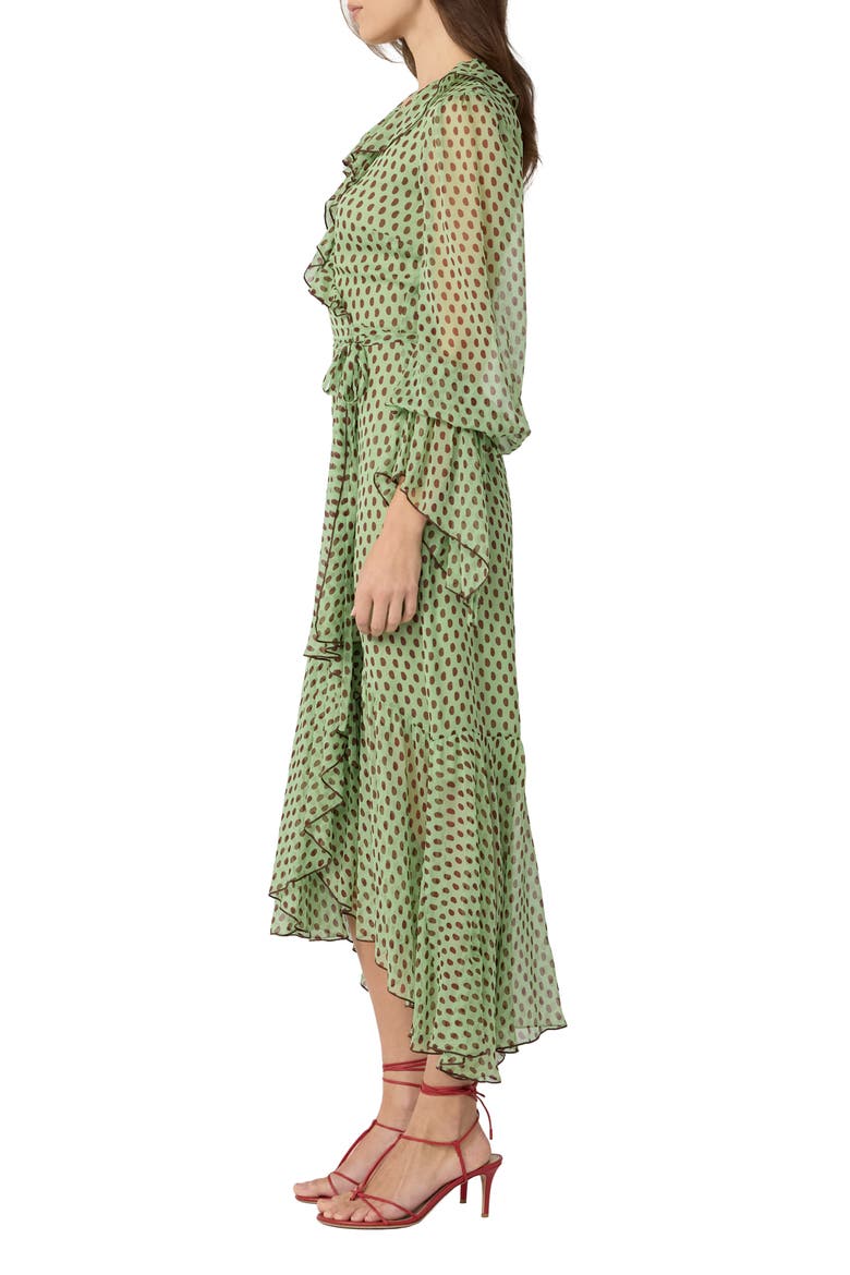 Thena Polka Dot Ruffle Trim Wrap Midi Dress, Alternate, color, JELLY POLKA DOT