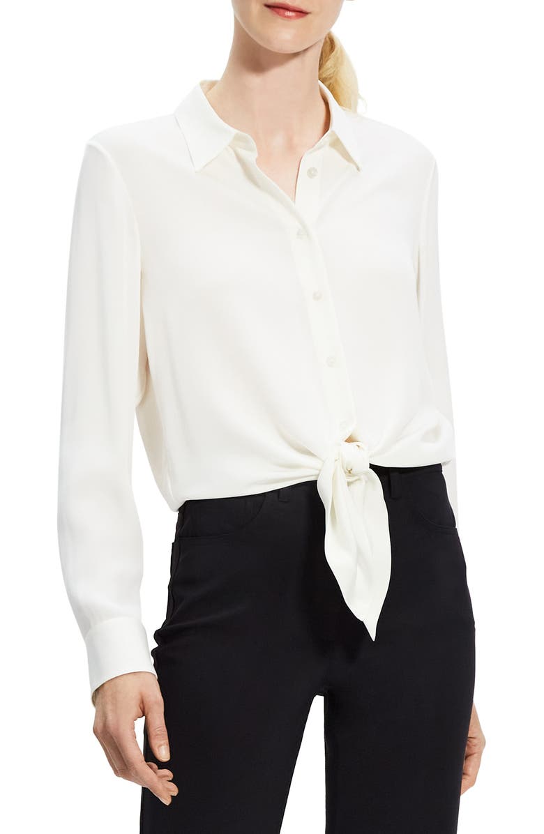 Theory Long Sleeve Button-Up Tie Waist Silk Blouse, Main, color, 