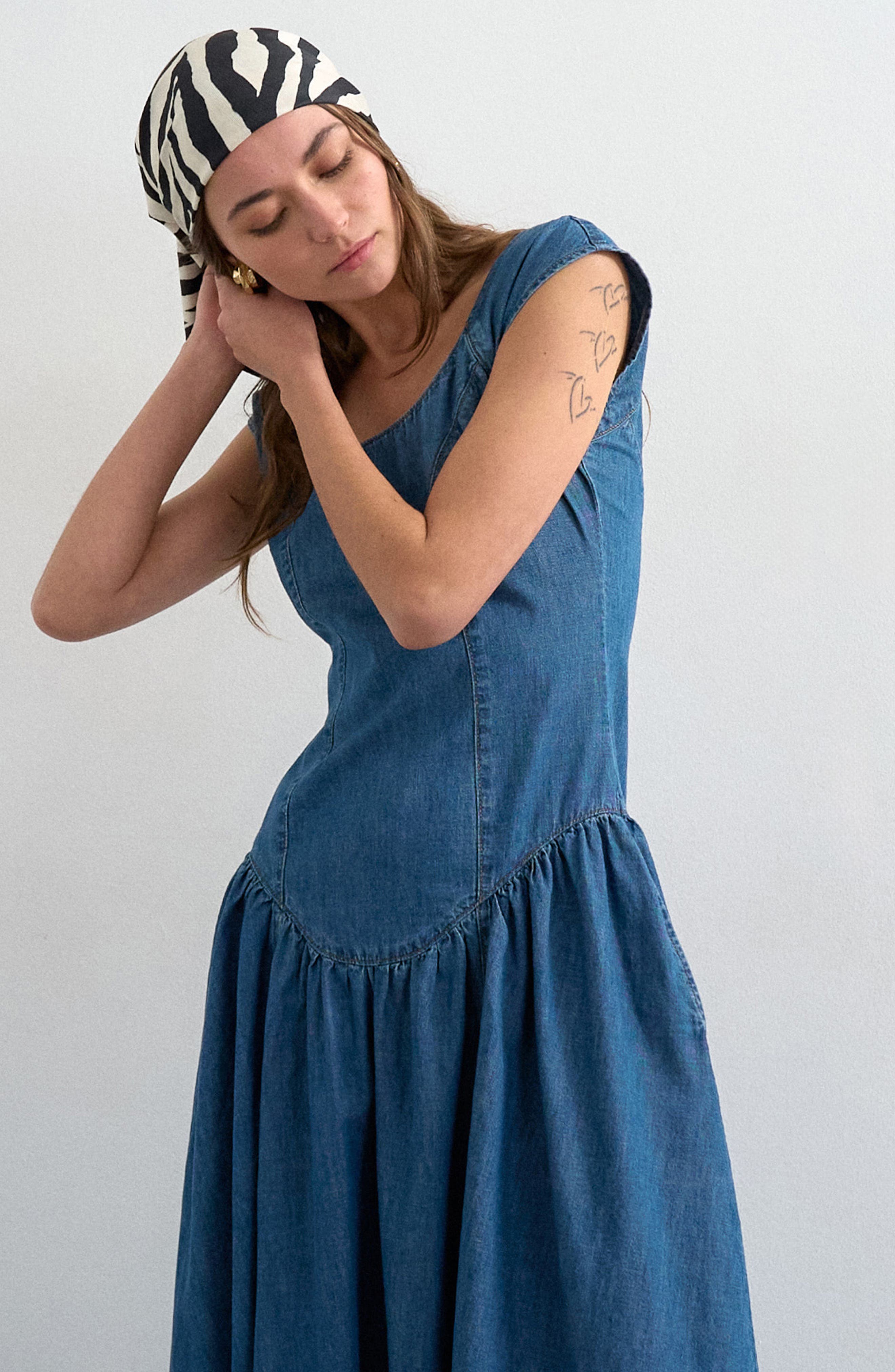 drop waist denim dress Shelly Midi Perfect for casual daytime outings WEST OF MELROSE Denim Strapless