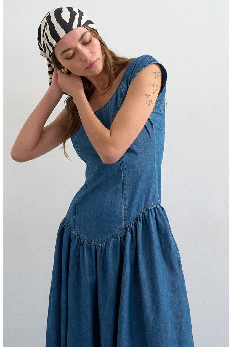 Denim Drop Waist Dress, Alternate, color, MED BLUE