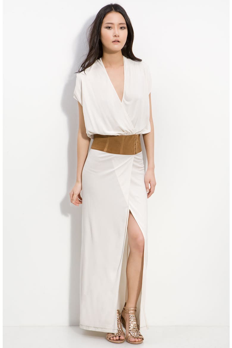 Plunge Neck Belted Wrap Maxi Dress, Main, color, SWAN
