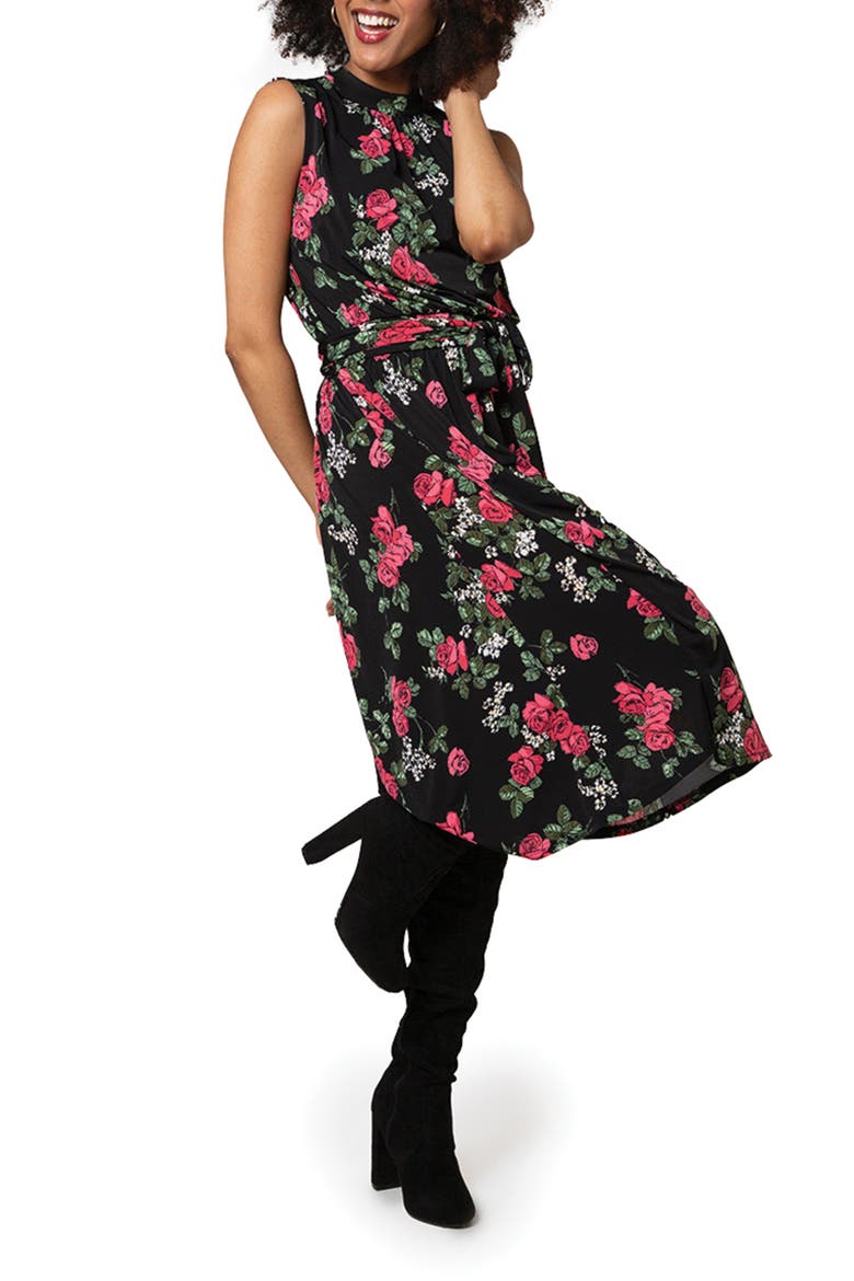 Mindy Print Midi Dress, Alternate, color, RRBK - RUBY ROSE BLACK