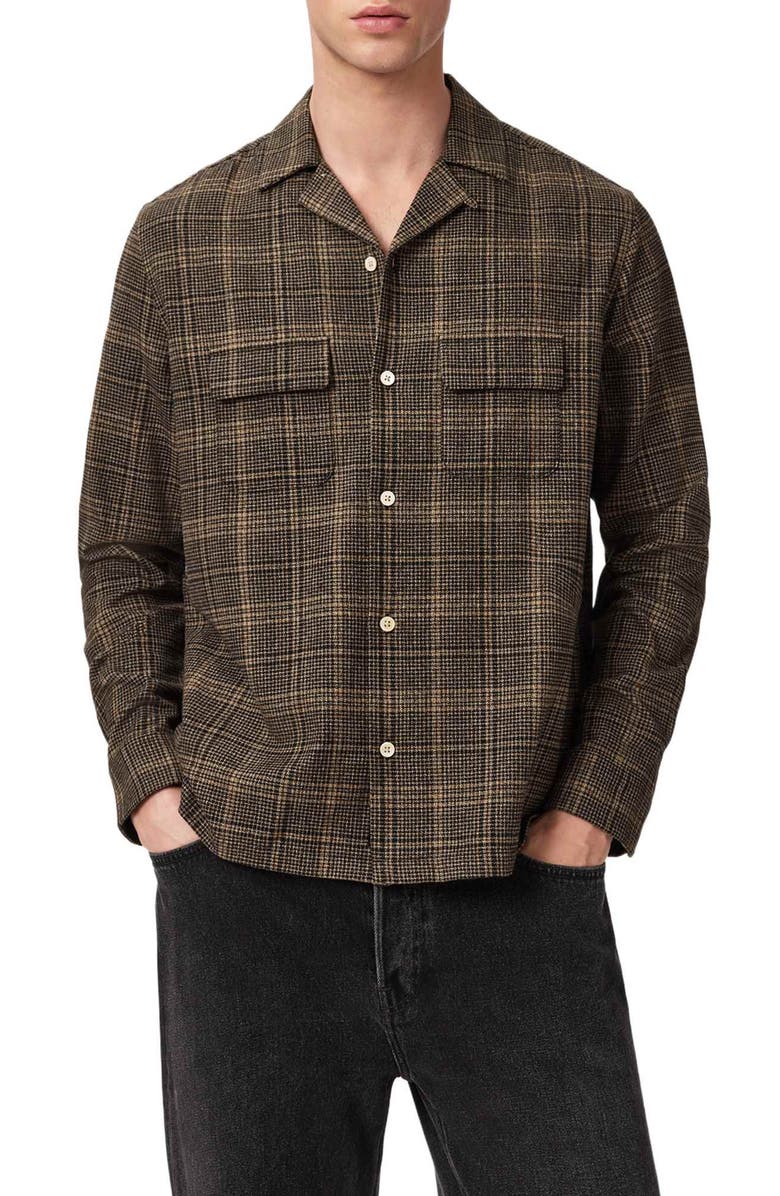 AllSaints Saru Plaid Cotton Button-Up Shirt, Main, color, Black/ Brown