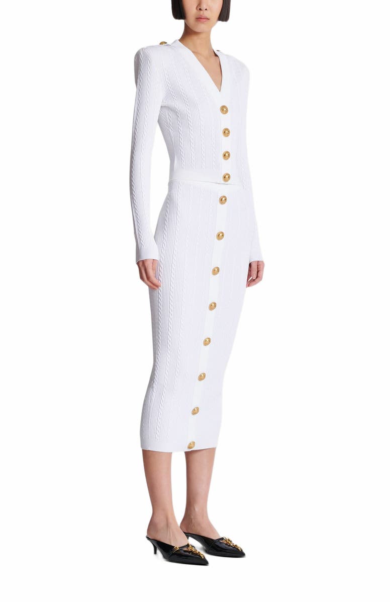 Balmain Long-Sleeved Cable-Knit Cardigan, Main, color, White