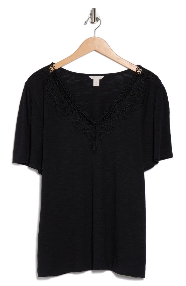Caslon<sup>®</sup> Embroidered Cutwork V-Neck T-Shirt, Alternate, color, Black