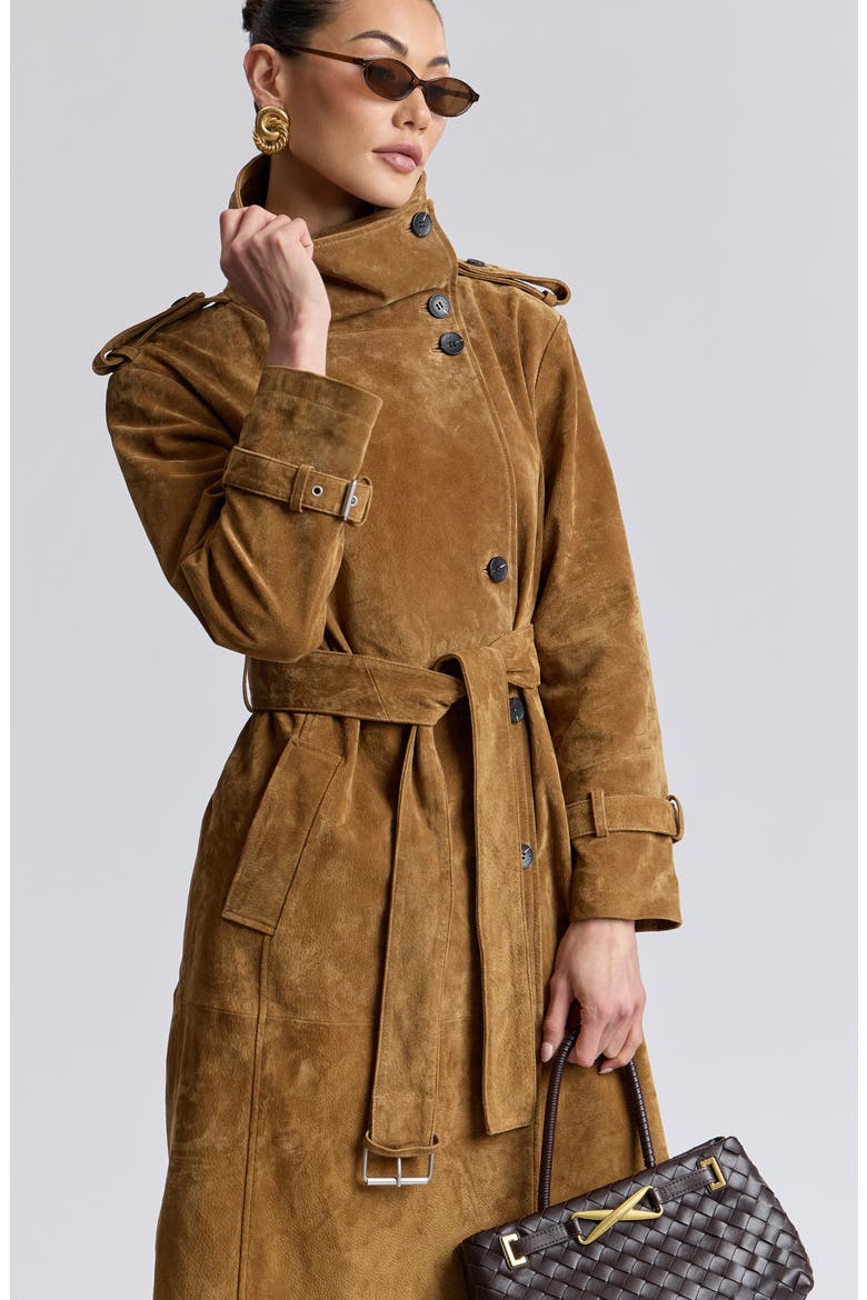 Funnel Neck Slouchy Leather Trench Coat, Alternate, color, WHISKEY