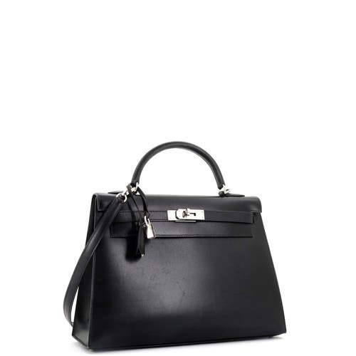 Pre-owned Hermes  Hermes Kelly Handbag Black Box Calf With Palladium Hardware 32 In Black