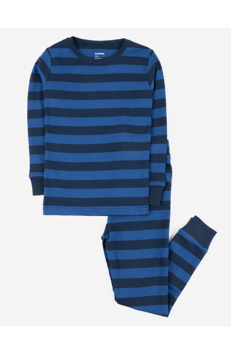 Leveret Kids Cotton Two-Piece Pajamas, Stripes, Solids & Tie Dye, Main, color, Striped Blue & Navy