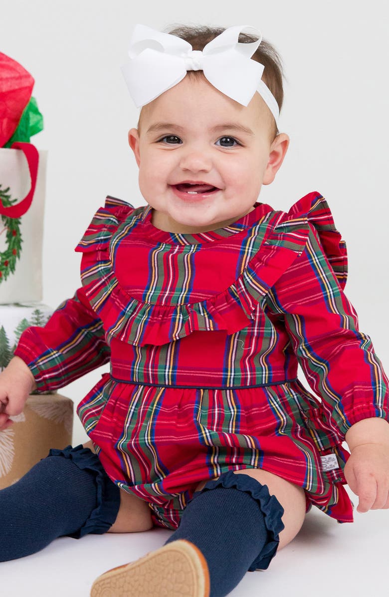 RuffleButts Tartan Cotton Bubble Romper & 3-Pack Over-the-Knee Socks Set, Alternate, color, 