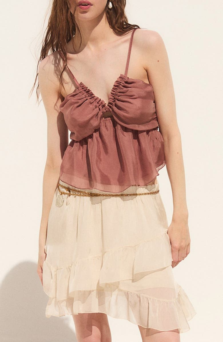 DELUC Bacio Smocked Ruffle Camisole, Main, color, Mocha