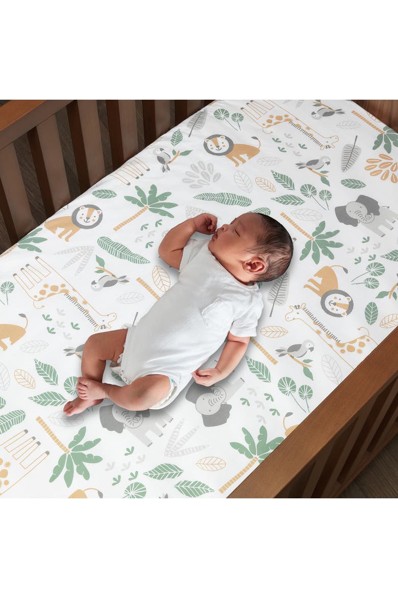 Jungle Friends 100% Cotton Safari Animals Baby Fitted Crib Sheet, Alternate, color, White Multicolor