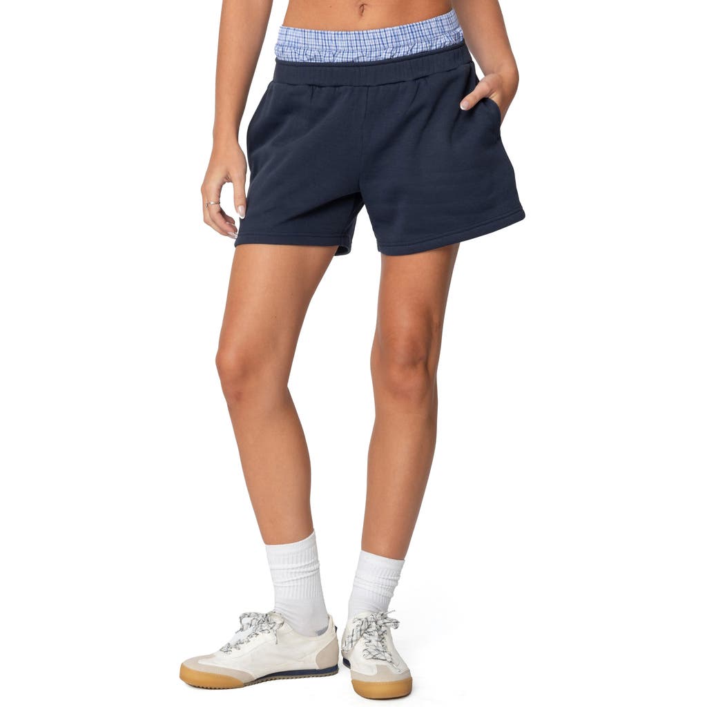 Shop Edikted Plaid Boxer Detail Shorts In Navy