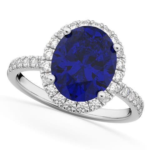 Oval Cut Halo Blue Sapphire & Diamond Engagement Ring 14K