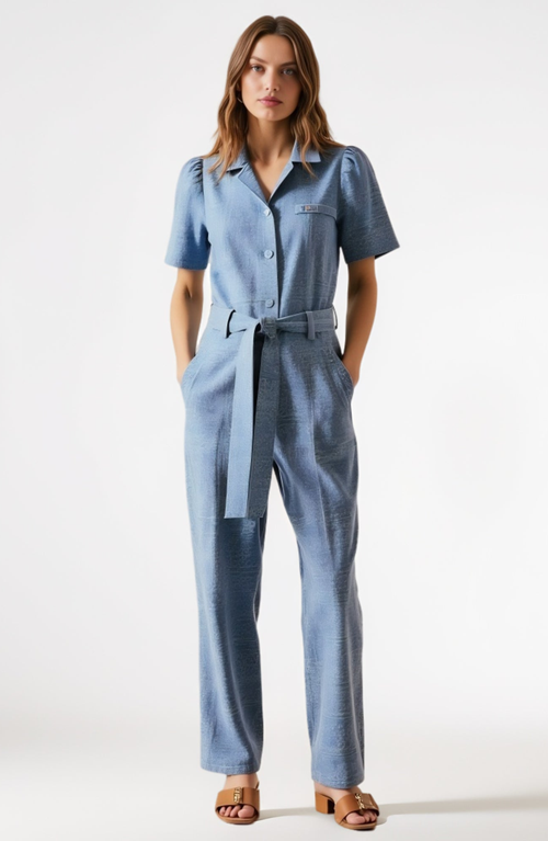 Shop Modenaire Paisley Print Belted Jumpsuit With Short Sleeves And Button Front