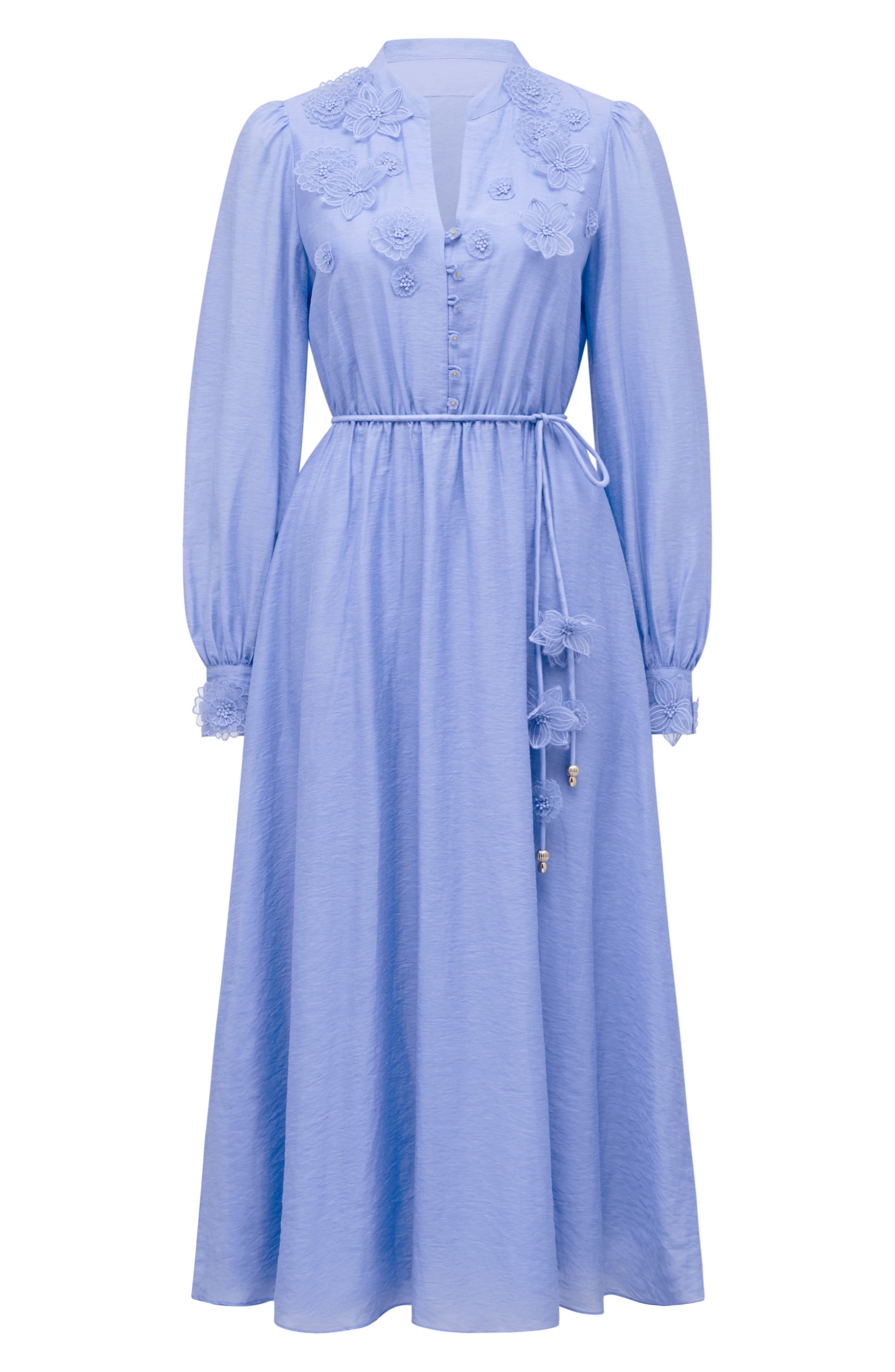 yasmin midi dress Discover the Yasmin Floral Appliqu Midi Dresswhere elegance meets effortless charm. Perfect for weddings and smart-casual occasions, this beautifully detailed piece features long blouson sleeves, a removable waist tie with floral accents,
