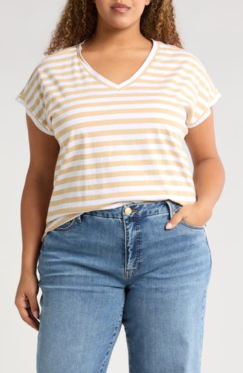 CASLON CASLON® STRIPE V-NECK COTTON T-SHIRT