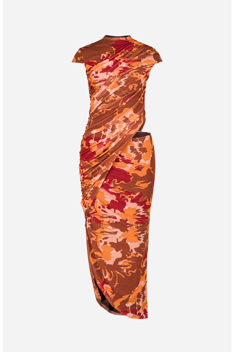 Lyra Printed Draped Mesh Dress, Main, color, Brown Print