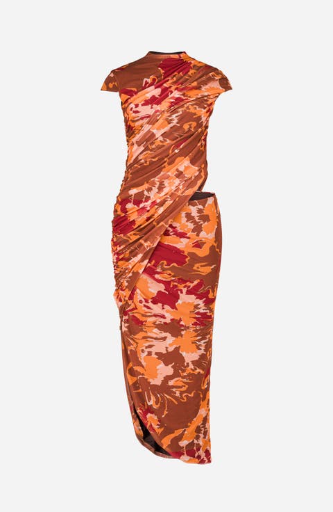 Lyra Printed Draped Mesh Dress