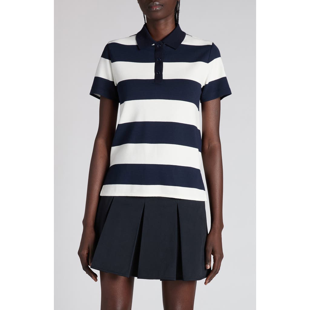 Moncler White Stripes Ss Polo In Blue