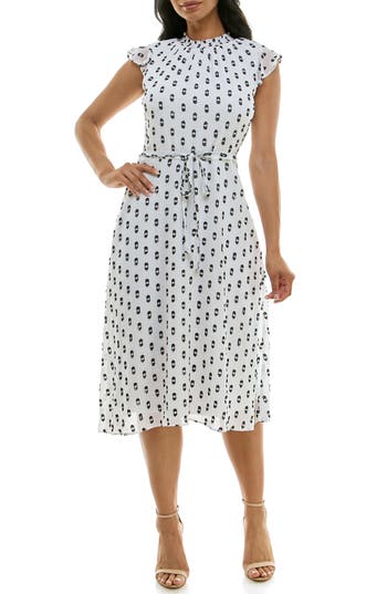 Nina Leonard Smock Chiffon Midi Dress In White/black