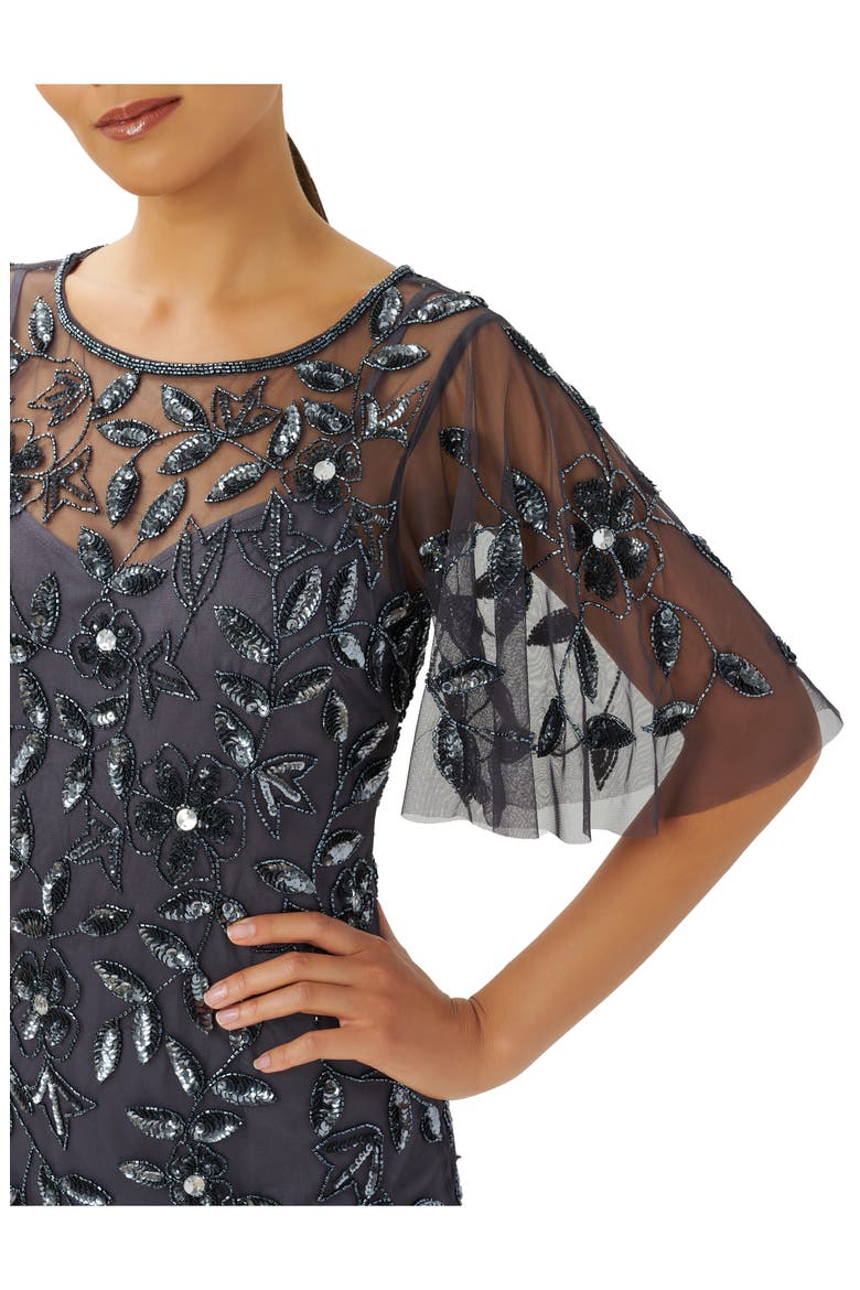 Beaded Mesh Cocktail Dress, Alternate, color, GUNMETAL