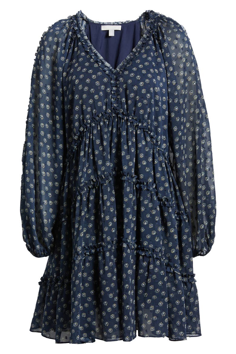 Tiered Ruffle Long Sleeve Chiffon Dress, Alternate, color, NAVY-BEIGE DONNA FLORAL
