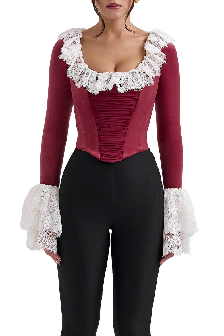Jacinda Ruffle Velvet Corset Top, Main, color, CABERNET